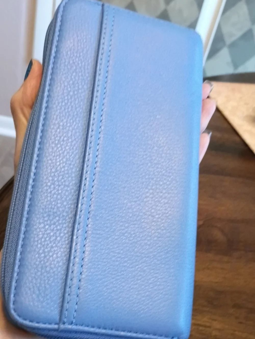 Michael Kors Light Blue Pebbled Zip Wallet with Silver Plaque